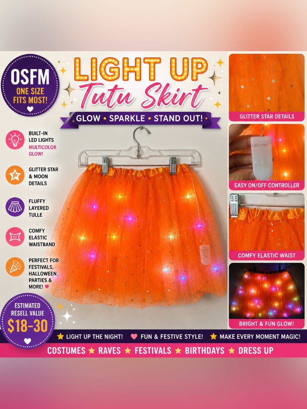 Light Up Orange Tulle Kids Tutu Skirt with LED Lights